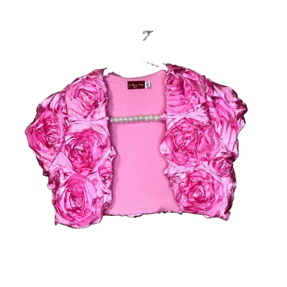 Ruby Rox Bolero Shrug Girls Large Pink Excellent 3D Rosette Floral Satin jacket